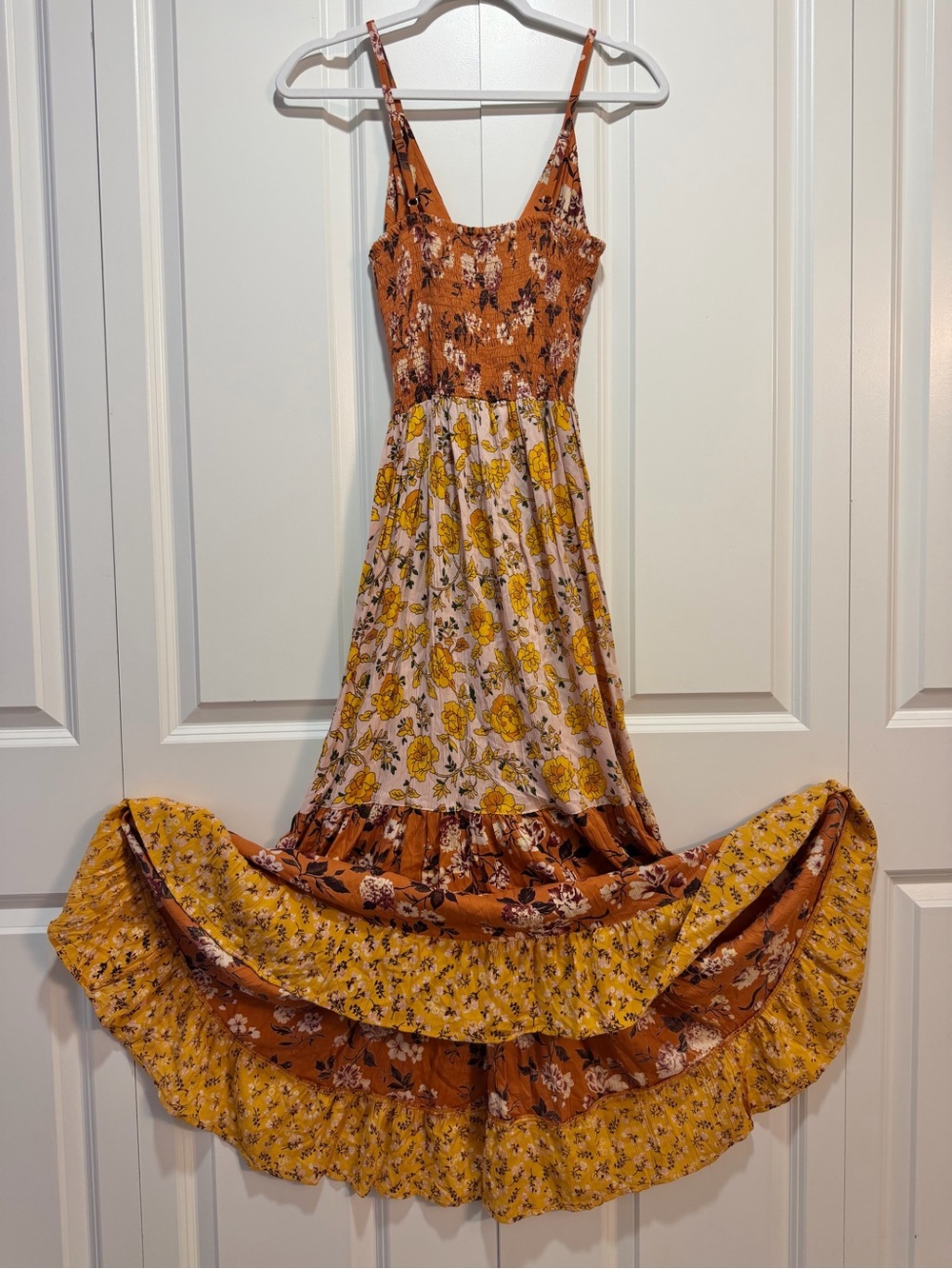 Angie Floral Tiered Maxi Dress in Rust and Mustard Yellow